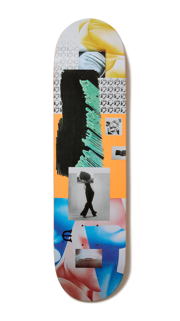 Colorful skateboard deck with abstract designs on a white background