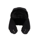 Black fur-trimmed hat with ear flaps on a white background