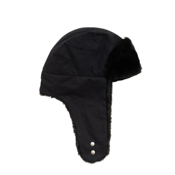 Black winter hat with earflaps on a white background