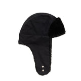 Black winter hat with earflaps on a white background