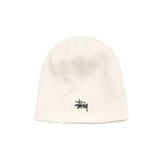 White beanie with a black logo on a white background
