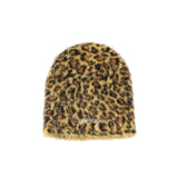 Leopard print beanie with a brand logo on a white background