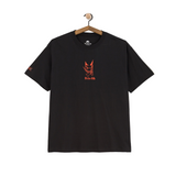 Black t-shirt with red graphic design on a hanger against a white background