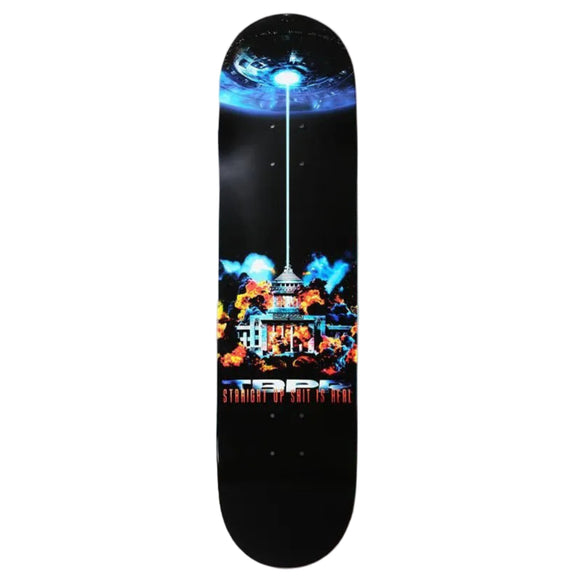 Skateboard deck with a colorful design on a white background