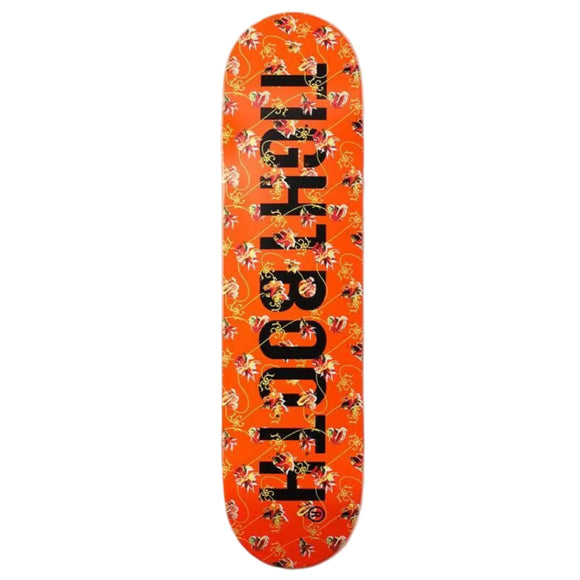 Orange skateboard deck with black text on a white background