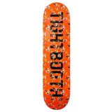 Orange skateboard deck with black text on a white background