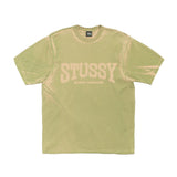 Khaki t-shirt with 'Stussy' logo on a white background