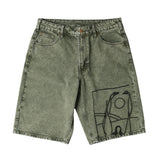 Green denim shorts with a graphic design on a white background