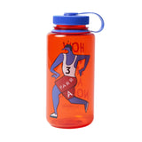 Red water bottle with a blue cap and graphic design on a white background