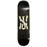 Black skateboard deck with a white and red logo on a textured black surface
