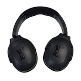Black headphones with brand logo on a light gray background