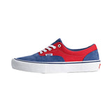 Red and blue sneaker with white sole on a white background