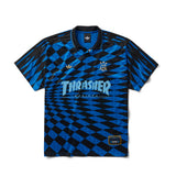 Blue and black checkered shirt with Thrasher logo on a white background