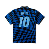 Black and blue striped soccer jersey with 'Messi 10' on a white background